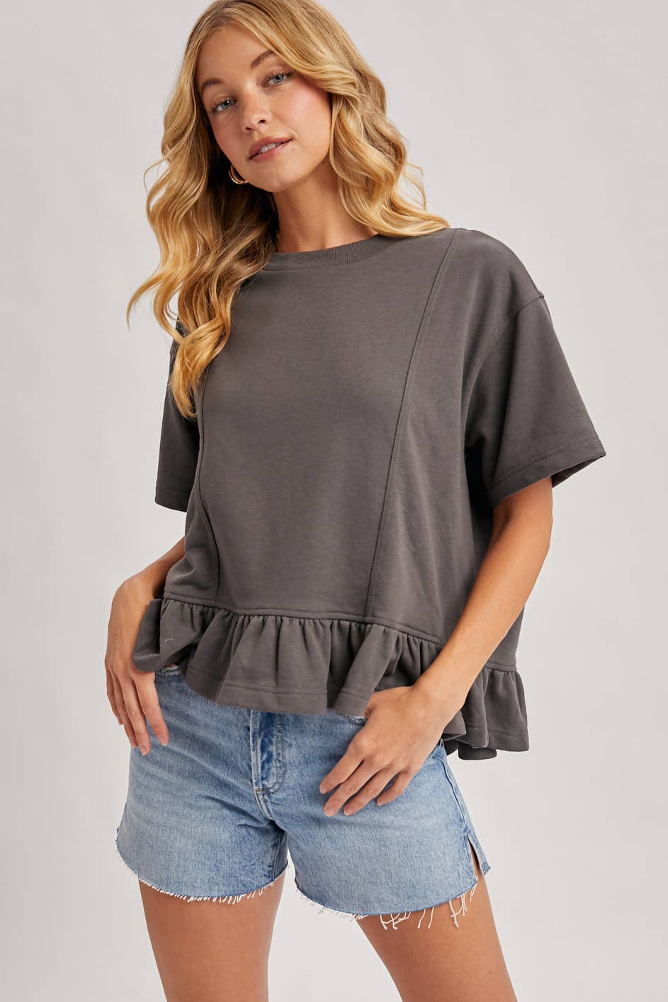 Regan Ruffled Peplum Hem Swing Knit Top ~ Ash