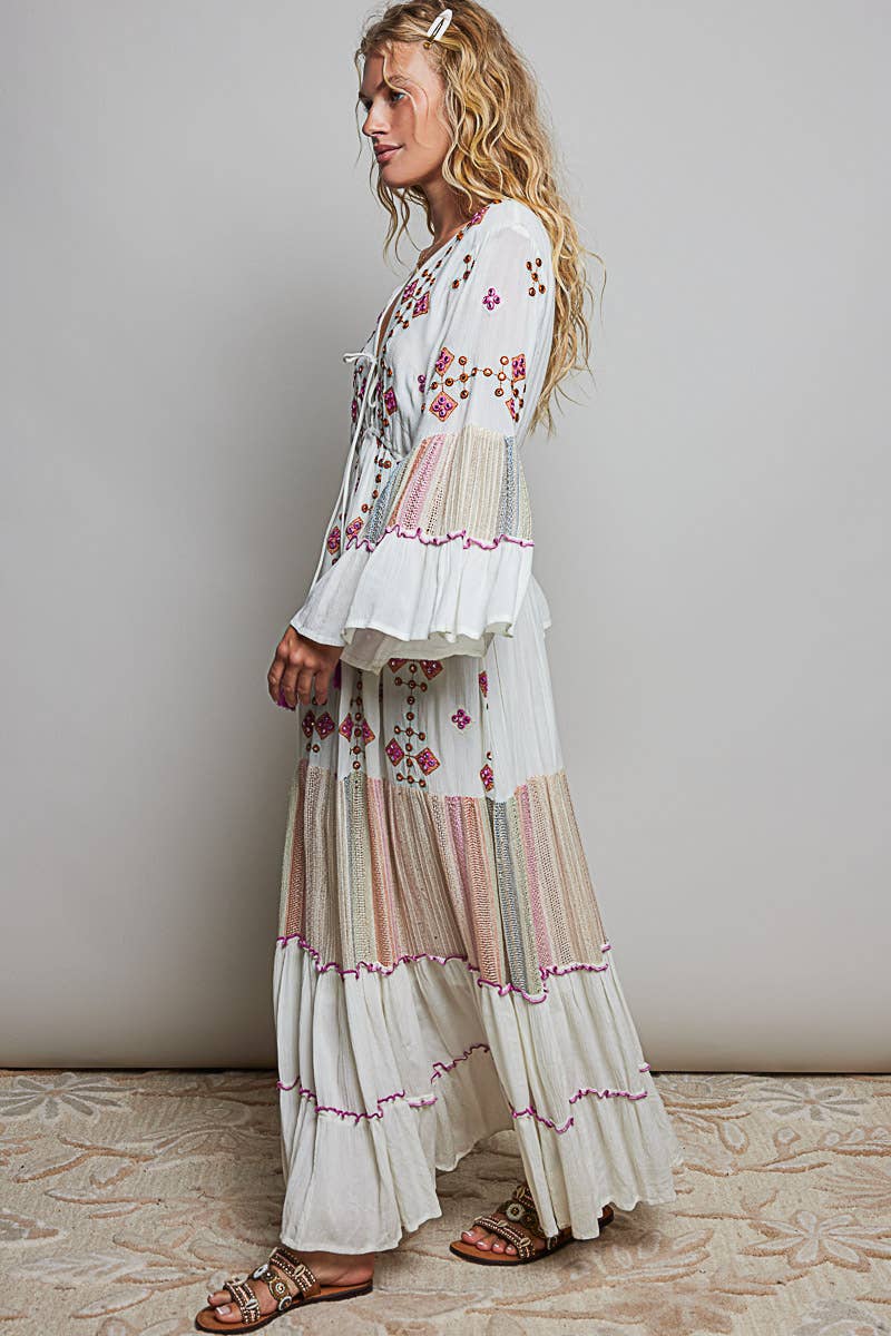 Boho V-Neck Tassel Merrow Edge Cotton Tiered Dress ~ Ivory