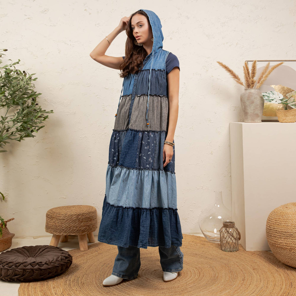 Boho Sleeveless Maxi Button-Front Hooded Duster ~ Denim