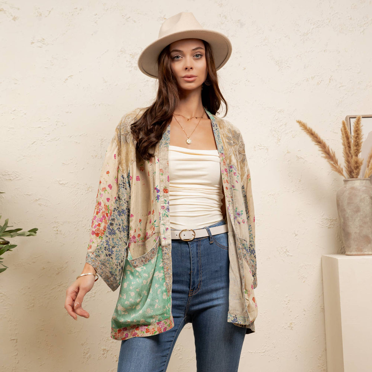 Veronia Vintage Overdyed Mixed Print Kimono Top ~ Sand