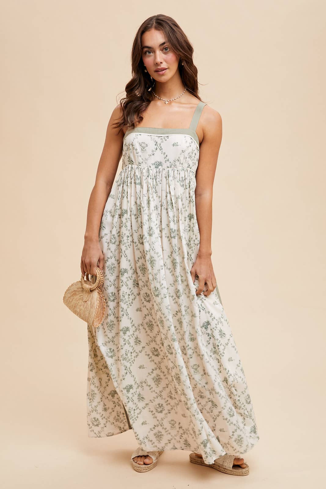 Thea Toile Print Strapy Maxi Dress ~ Natural/Olive