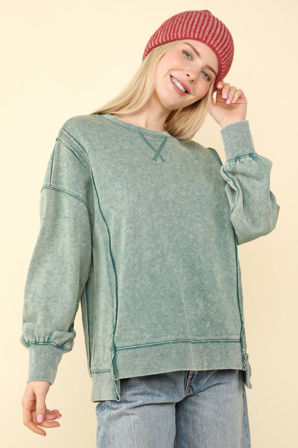 Mya Mineral Washed French Terry Oversized Knit Top ~ Olive