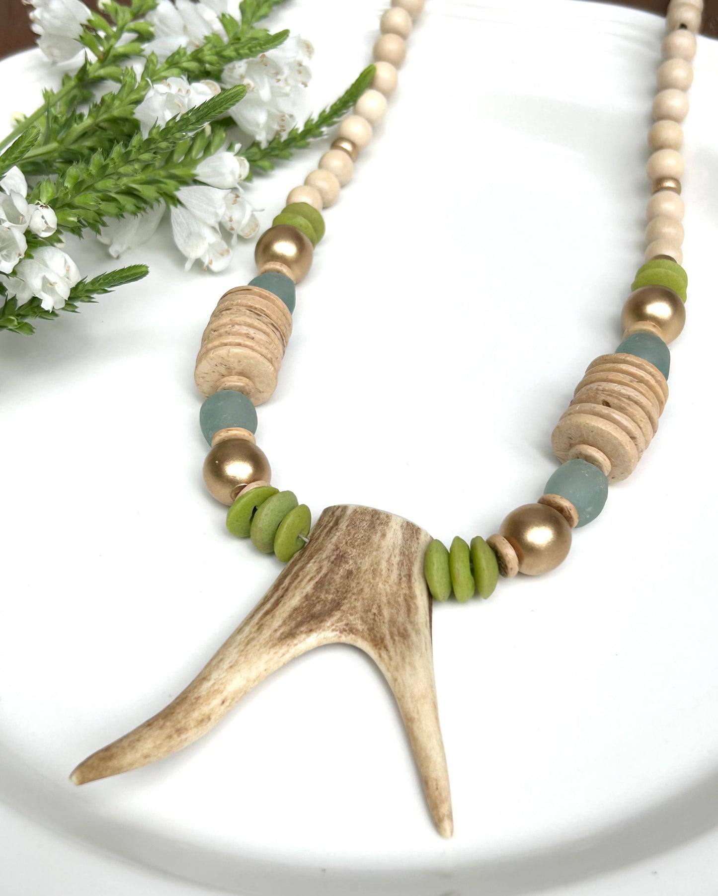 Long Deer Antler Chunky Beaded Necklace
