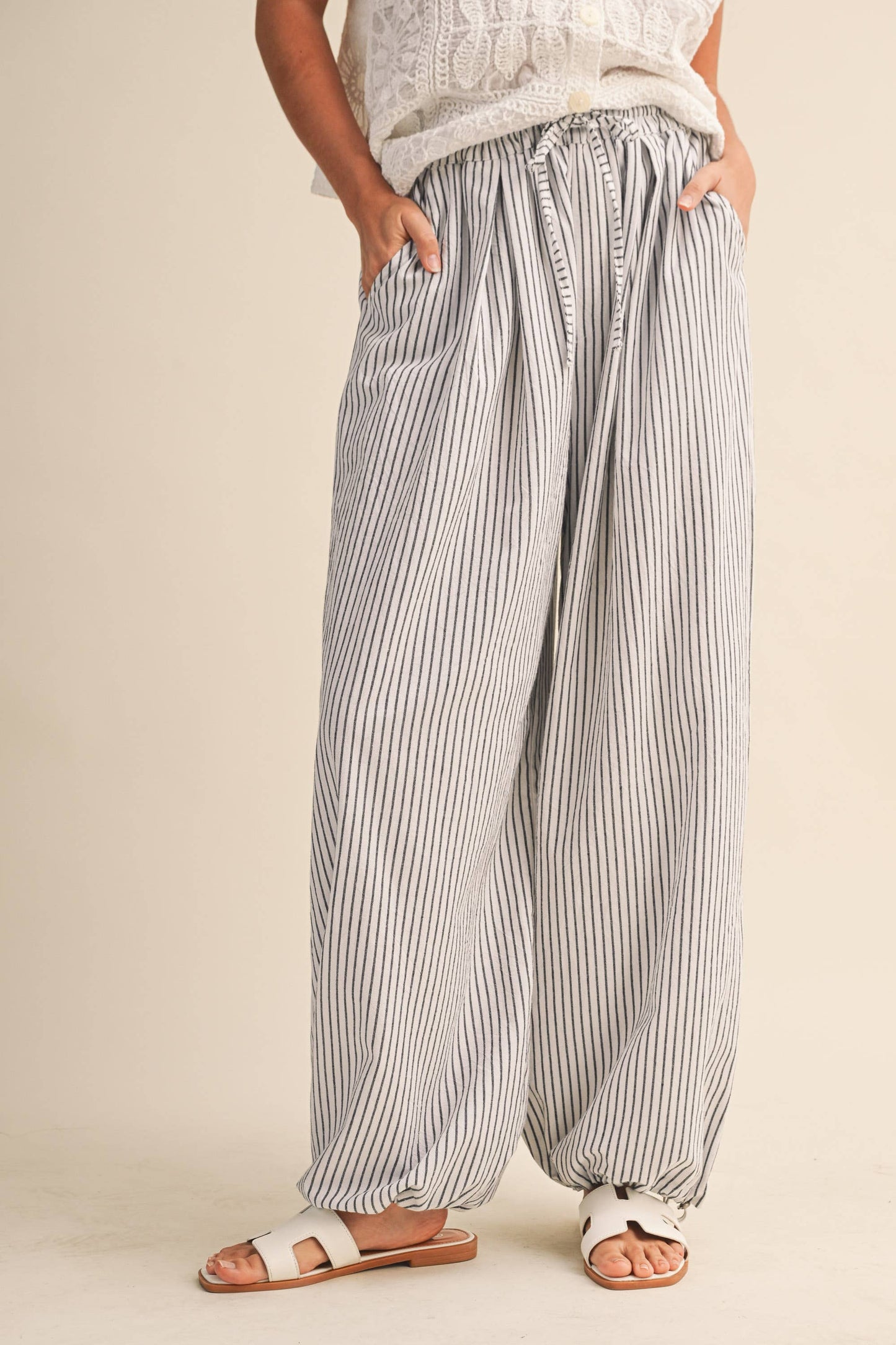 Shelly Striped Balloon Linen Blend Pants ~ White/Black