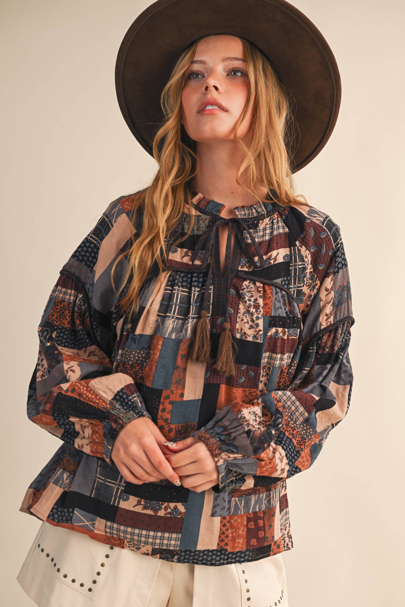 Layla Boho Patchwork Babydoll Top ~ Brown