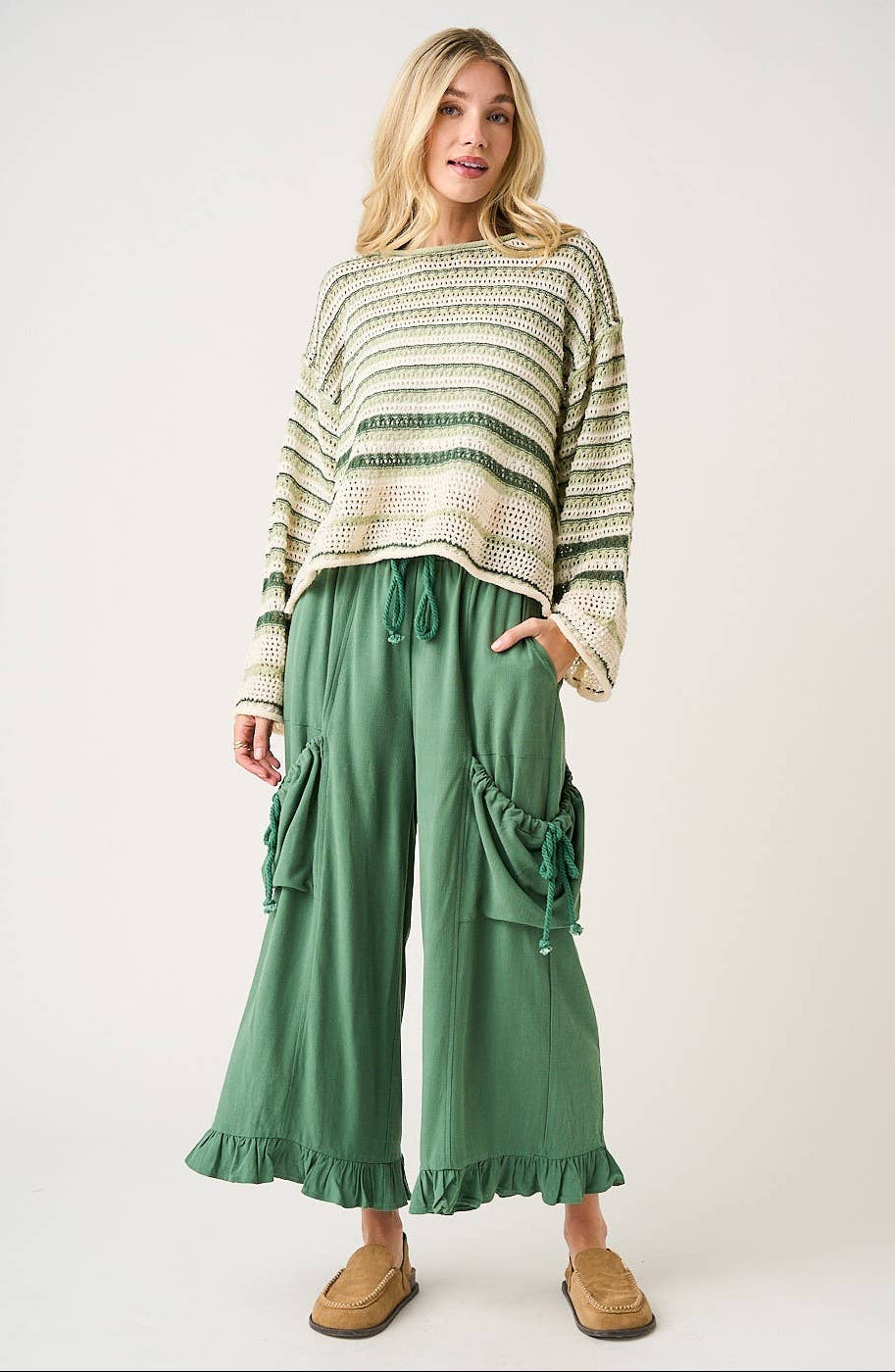 Rachel Ruffle Hem Drop Pocket Ankle Wide Leg Pants ~ Green