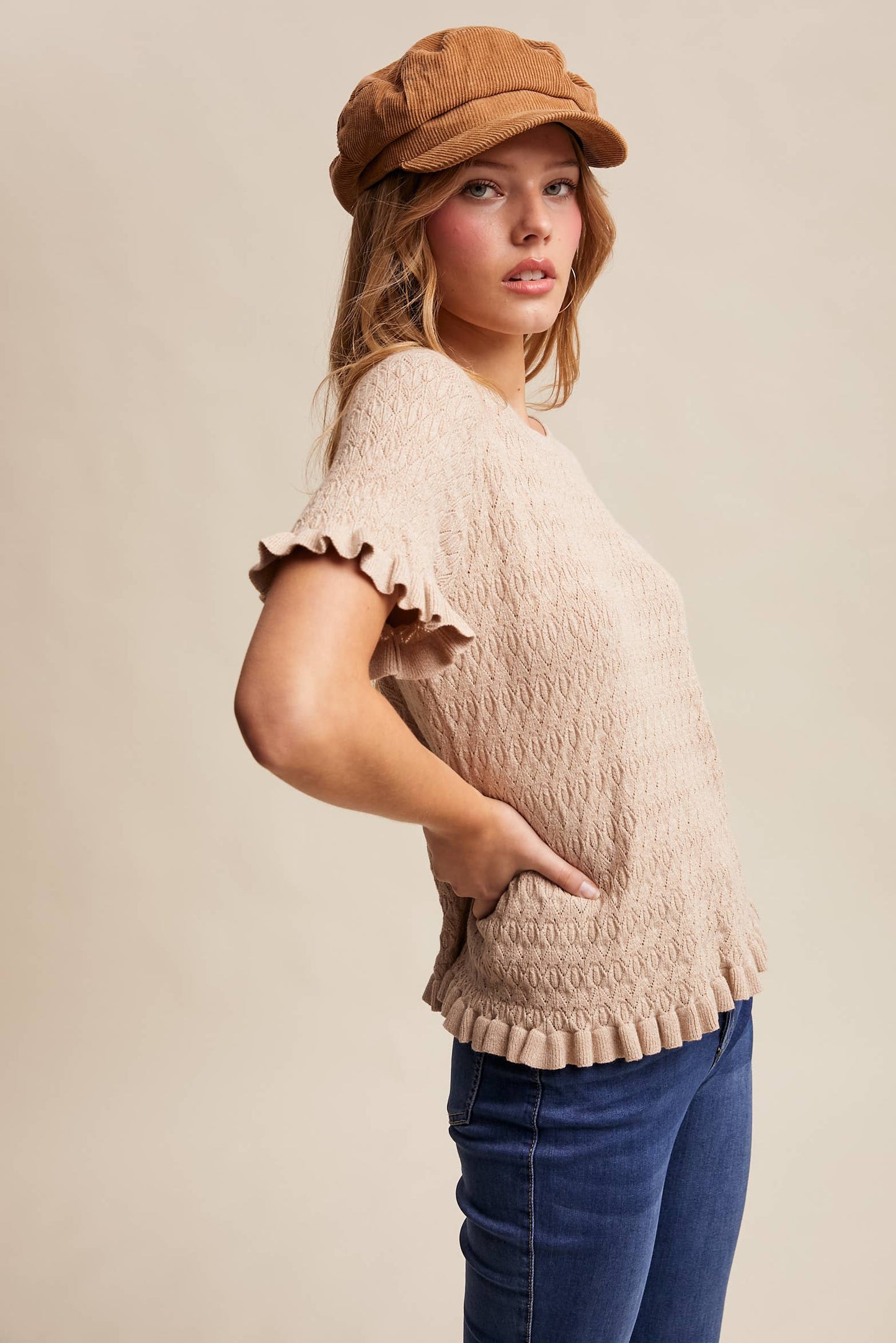 Raquel Ruffle Hem Textured Knit Top ~ Oatmeal