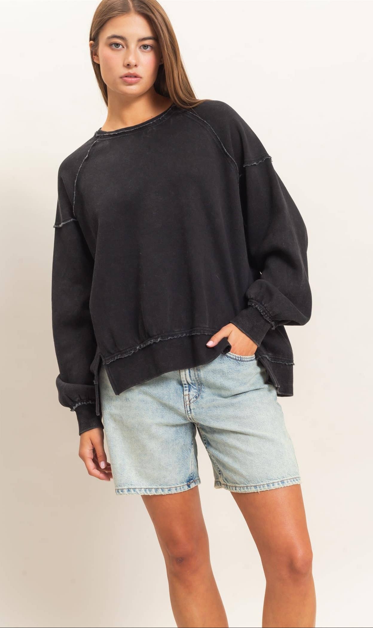 Ashlee Acid Wash Raw Edge Sweatshirt