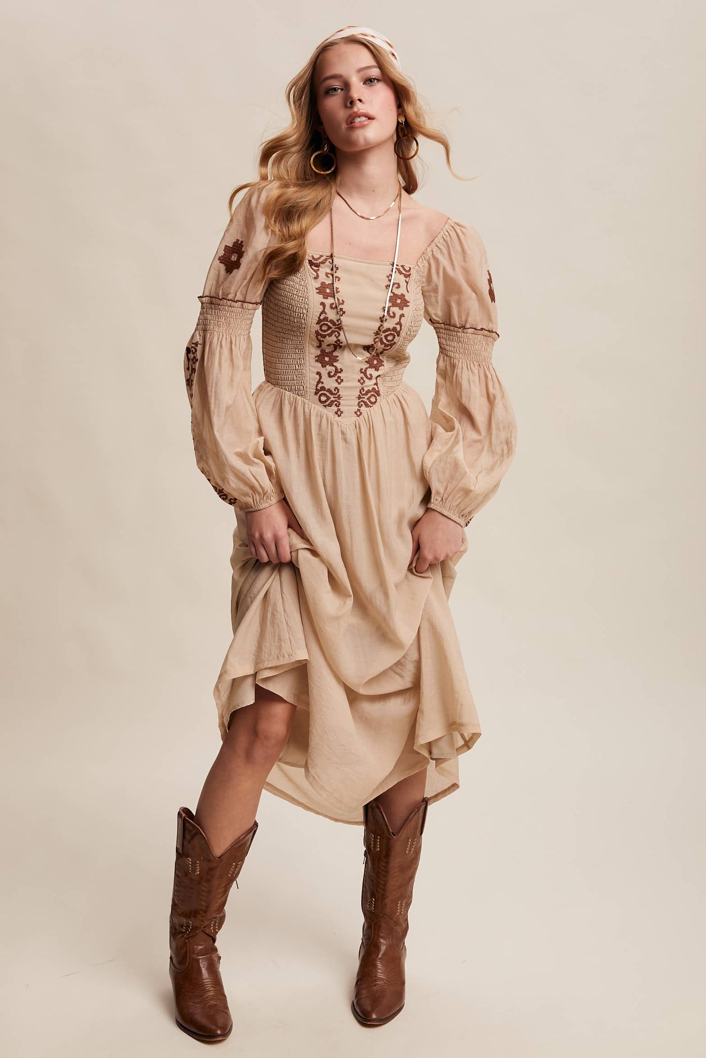 Emma Embroidered Square Neck Puff Sleeve Maxi Dress ~ Taupe