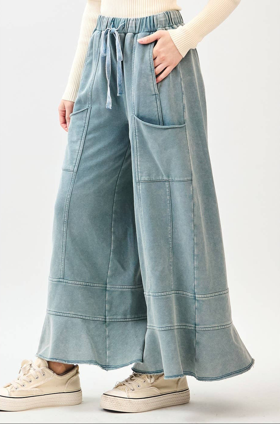 Millie Mineral Wash Ruffle Wide Leg Pants ~ Misty Blue
