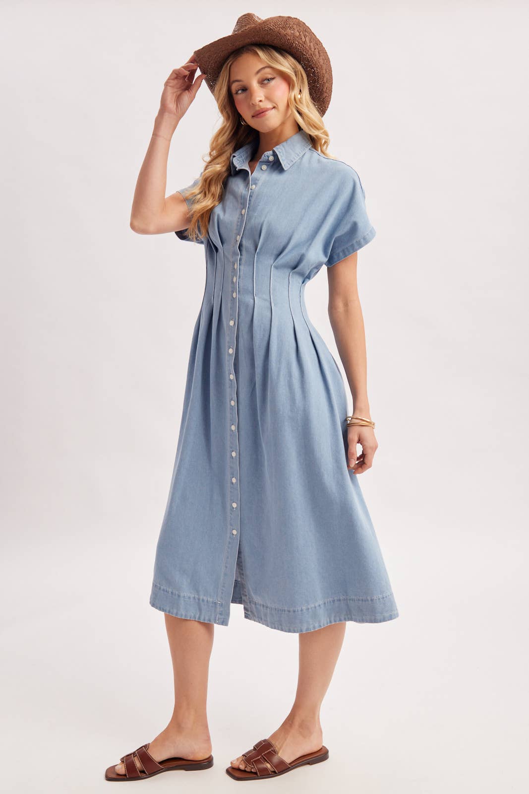 Bailey Pleated Waist Button Down Shirt Dress ~ Light Denim