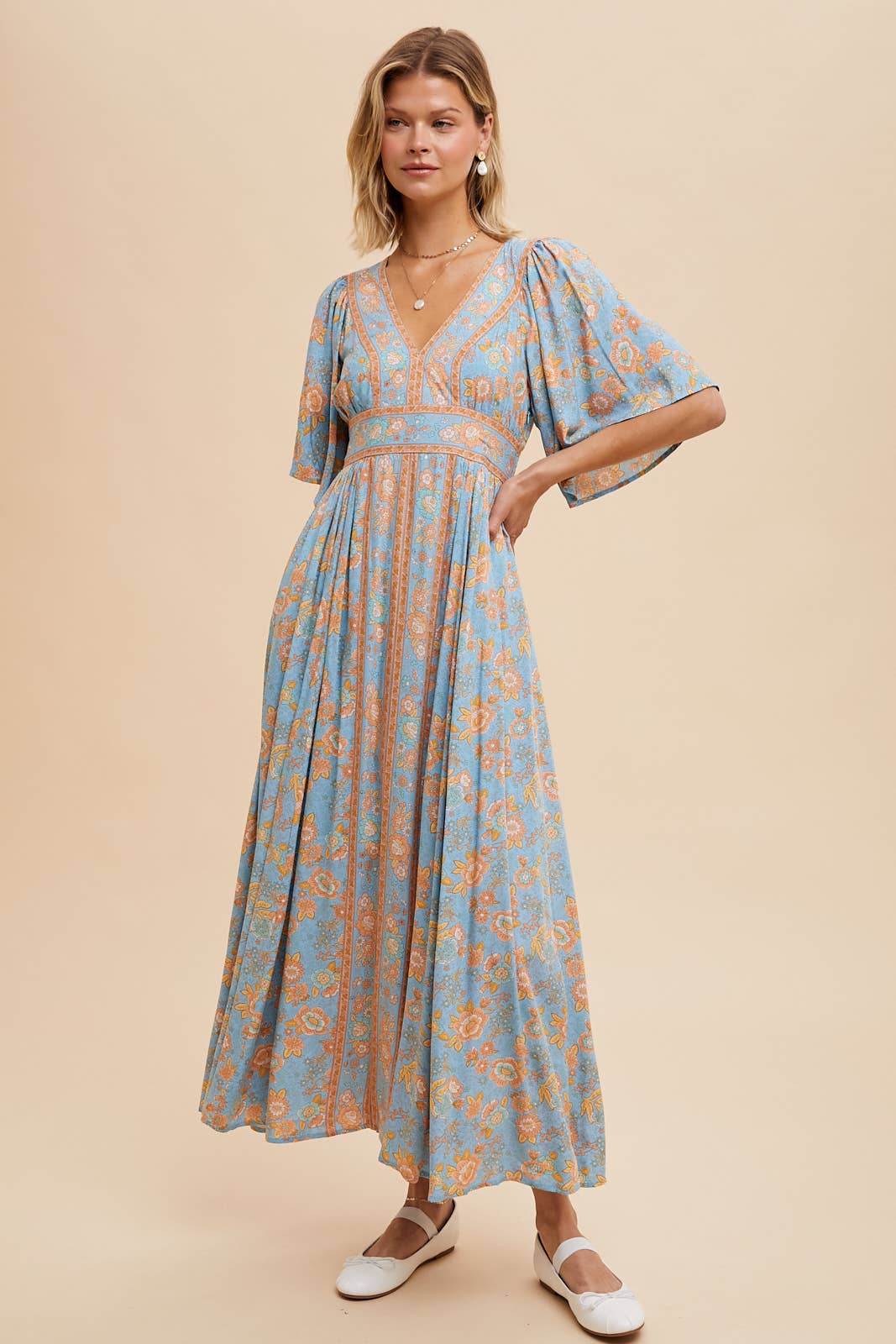 Violet Border Print Flutter Sleeve Maxi Dress ~ Dusty Blue