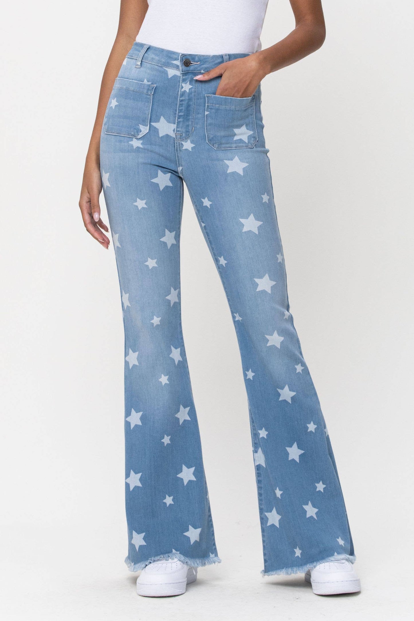 Star Print High Rise Front Pocket Flare Jeans ~ Light Denim