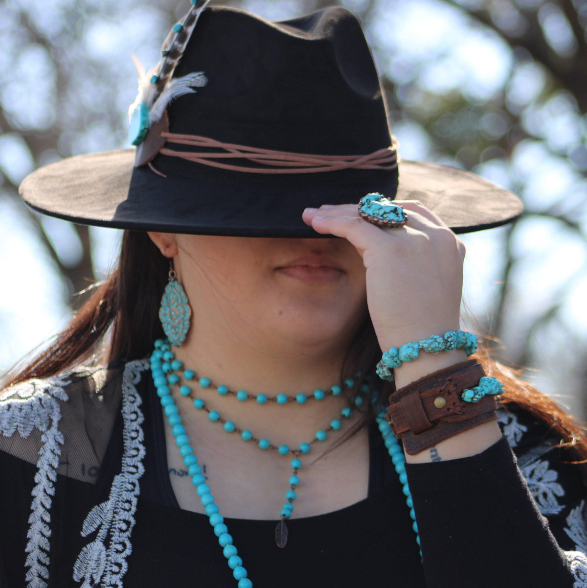 Lariat Blue Turquoise Necklace w/ Copper Feather