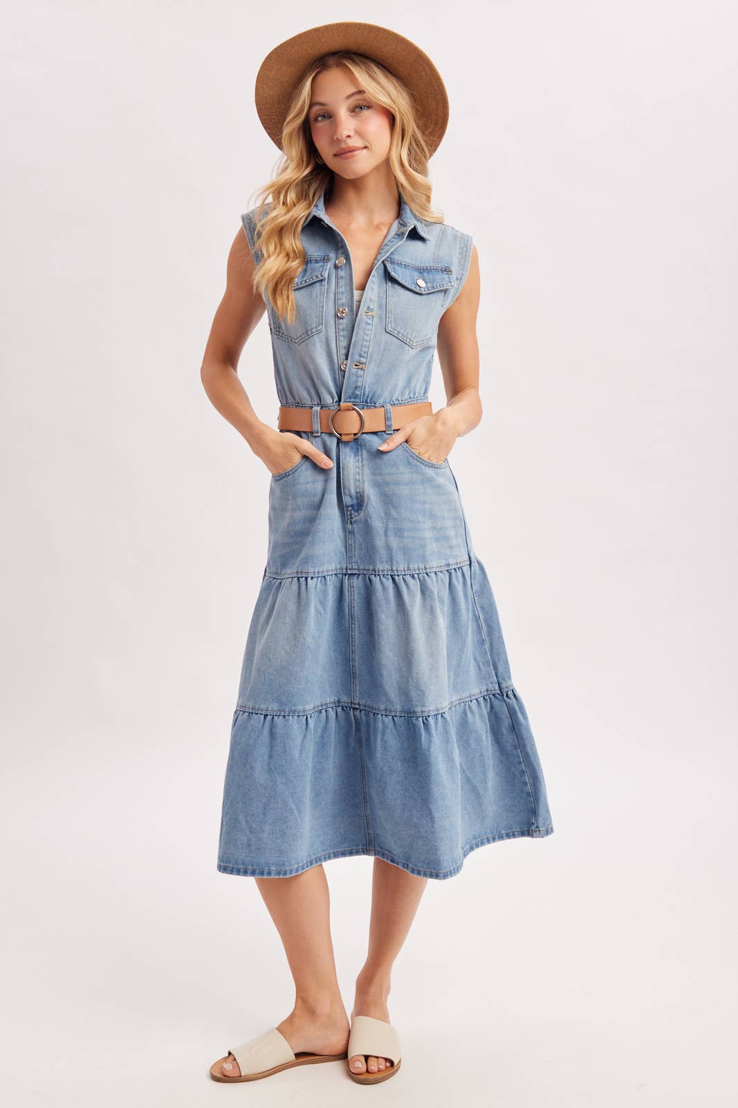 Devon Tiered Sleeveless Shirt Midi Dress ~ Light Denim