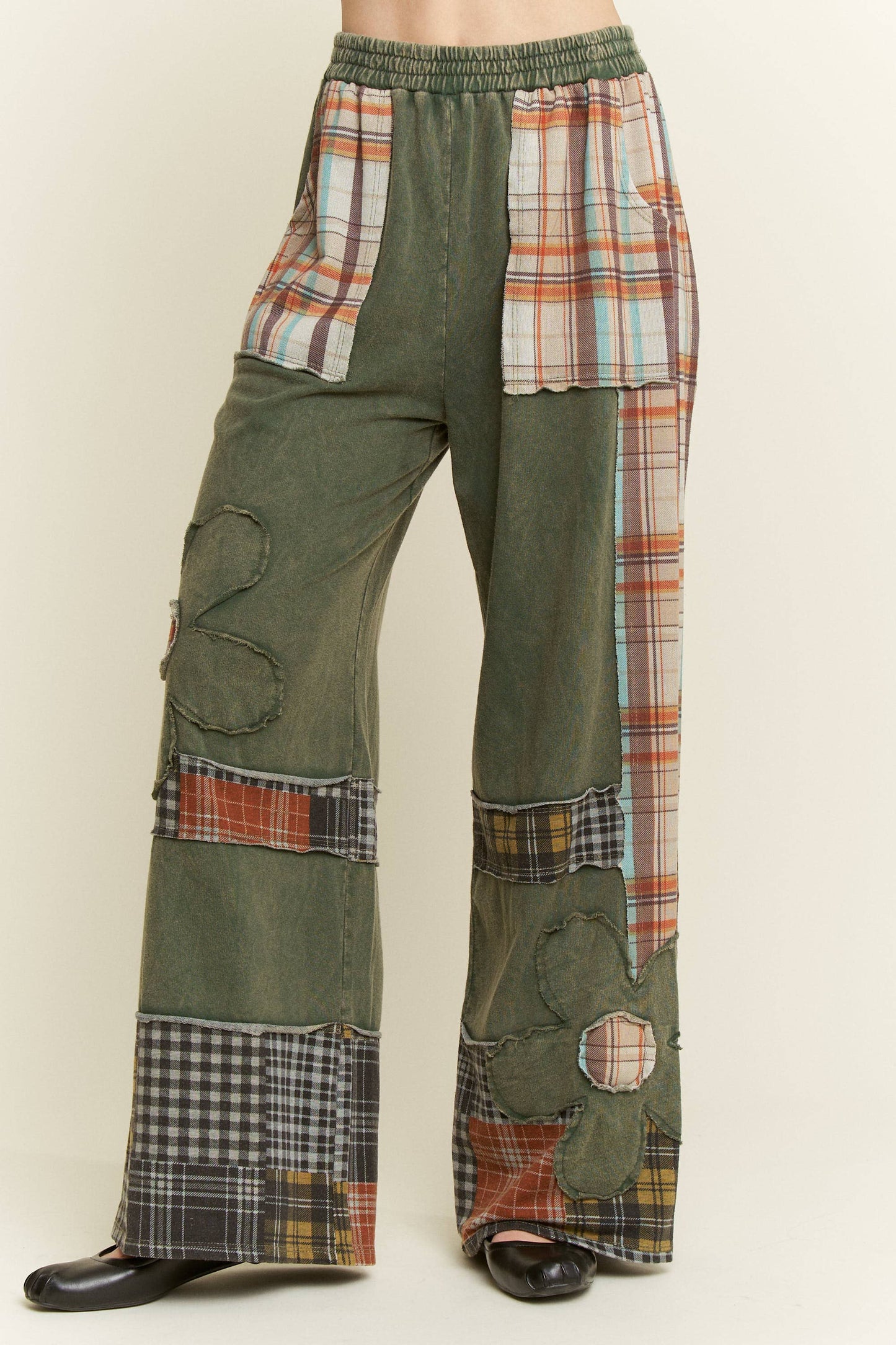 Massie Mineral Washed Plaid Daisy Pants ~ Dark Olive