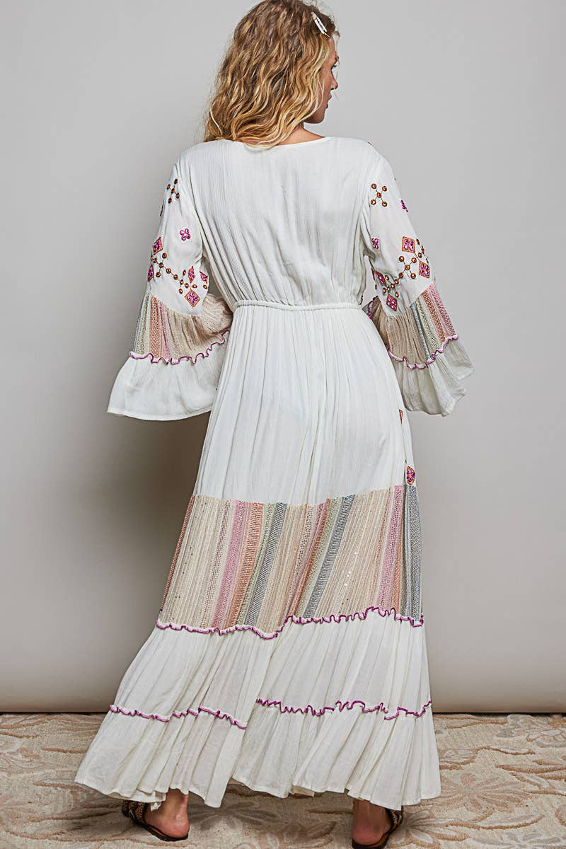 Boho V-Neck Tassel Merrow Edge Cotton Tiered Dress ~ Ivory