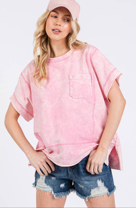 Vivian Vintage Mineral Wash Pocket Top ~ Pink