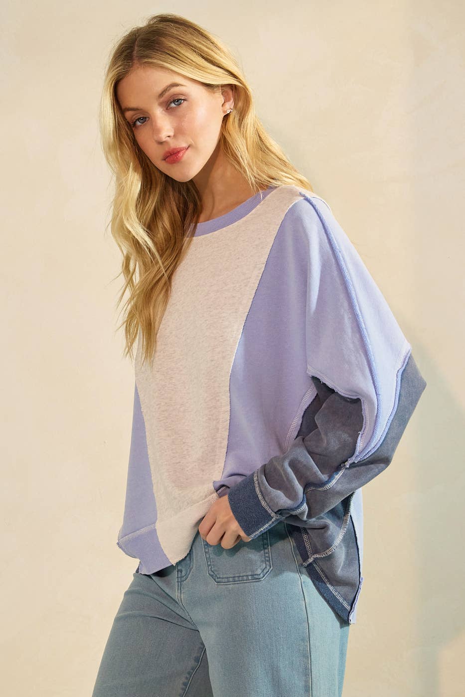 Dolly Mineral Wash Color Block Doman Sleeve Pullover ~ Blue