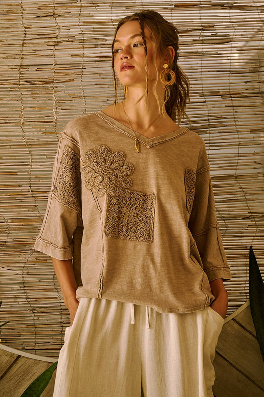 Carrie Crochet Patch Oversized V Neck Top ~ Latte