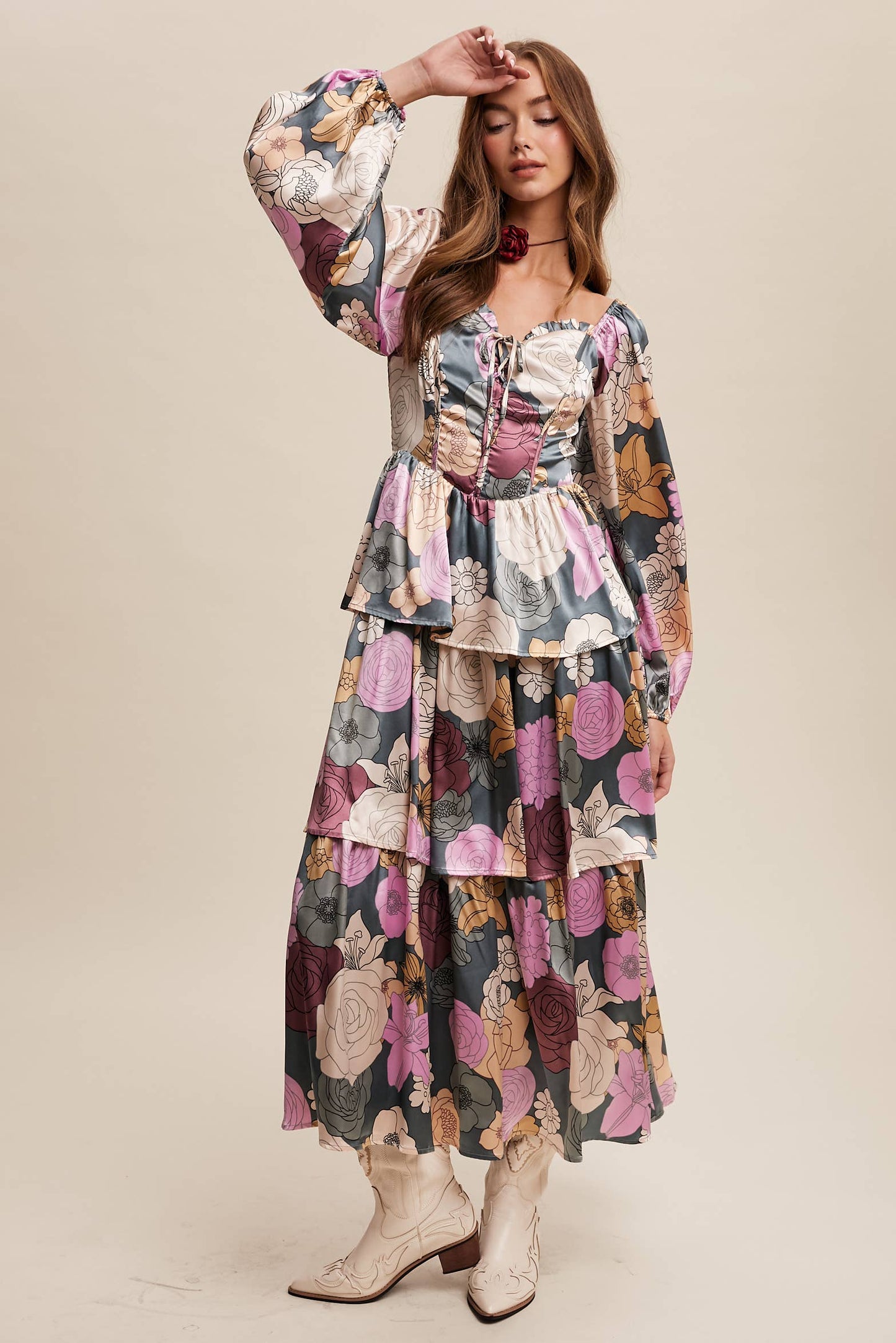 Felicia Floral Lace-Up Tiered Maxi Dress ~ Teal