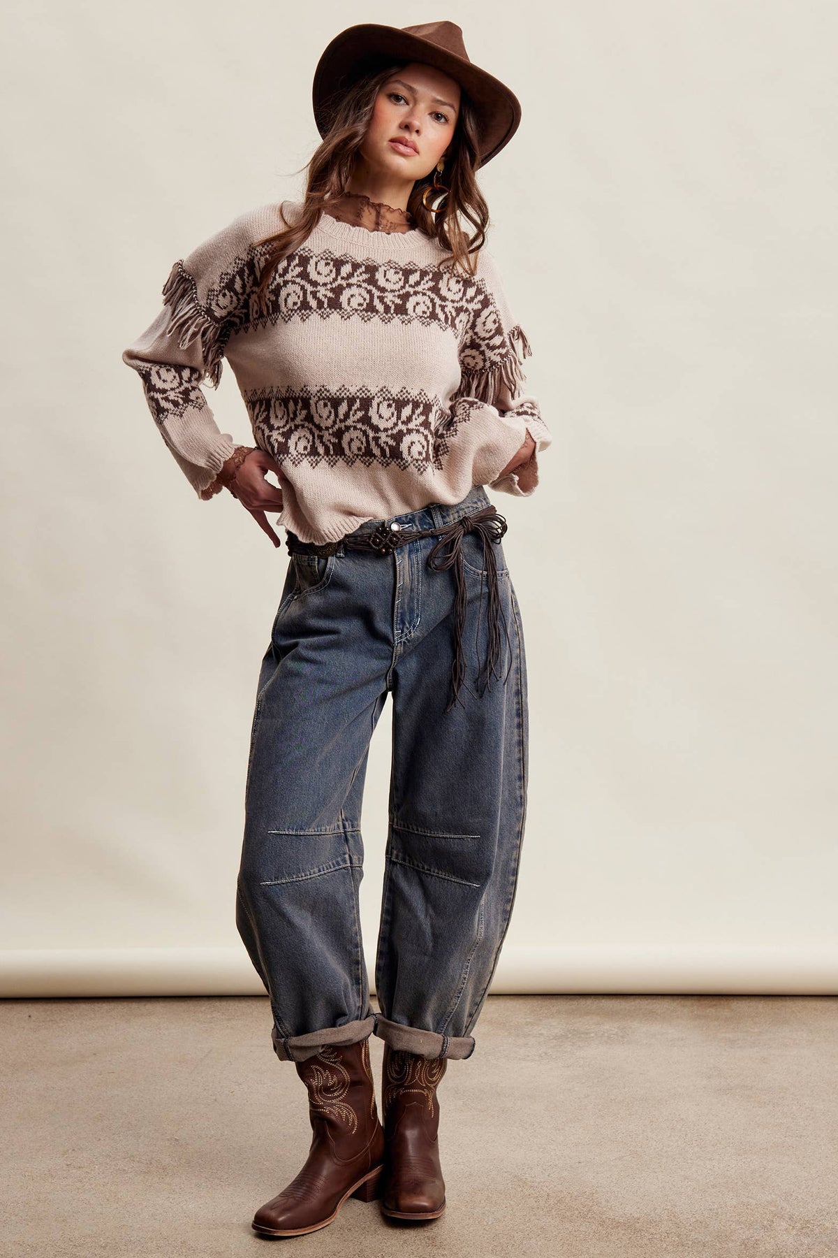 Whitney Western Fringe Pattern Knit Sweater ~ Sand Stone
