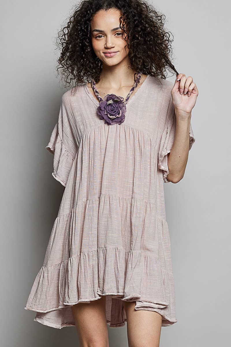 Fiona Feminine V-neck Ruffle Shirring Detail Dress ~ Blush