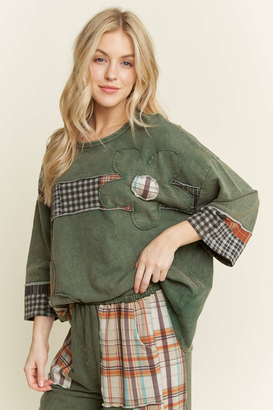 Massie Mineral Washed Plaid Daisy Top ~ Dark Olive