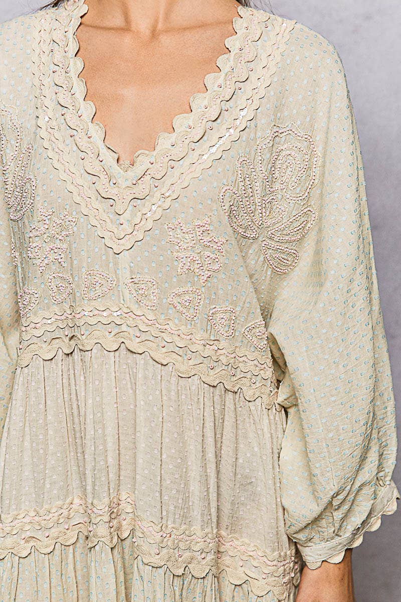 Sidney 3/4 Sleeves Embroidered Lace Romantic Maxi Dress ~ Natural