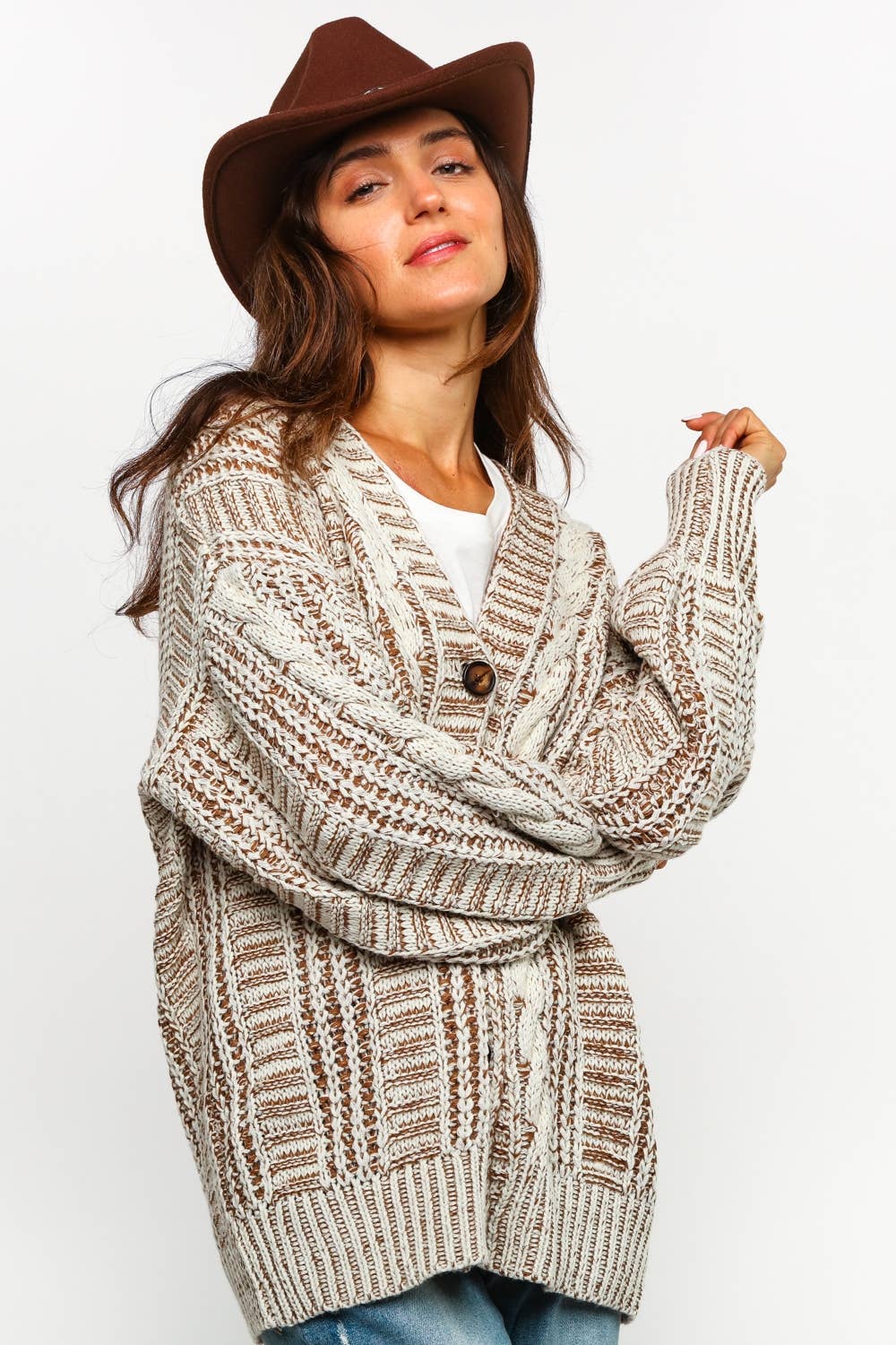 Tessa Two Tone Cable Chunky Sweater Cardigan ~ Oatmeal/Taupe