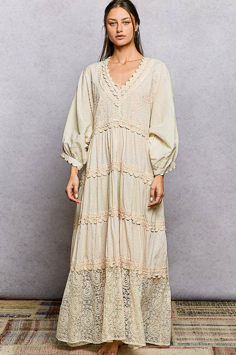 Sidney 3/4 Sleeves Embroidered Lace Romantic Maxi Dress ~ Natural