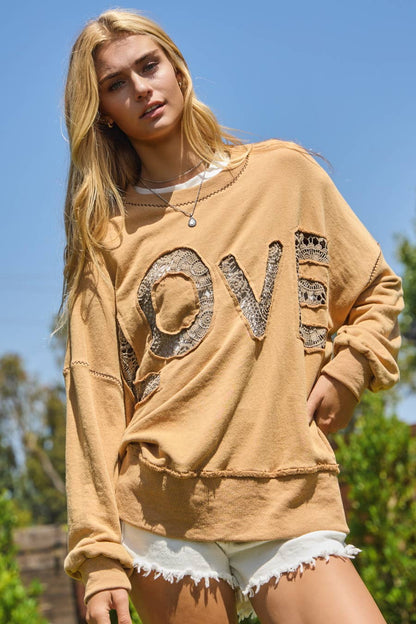 LOVE Lace Logo Acid Washed Pullover ~ Camel