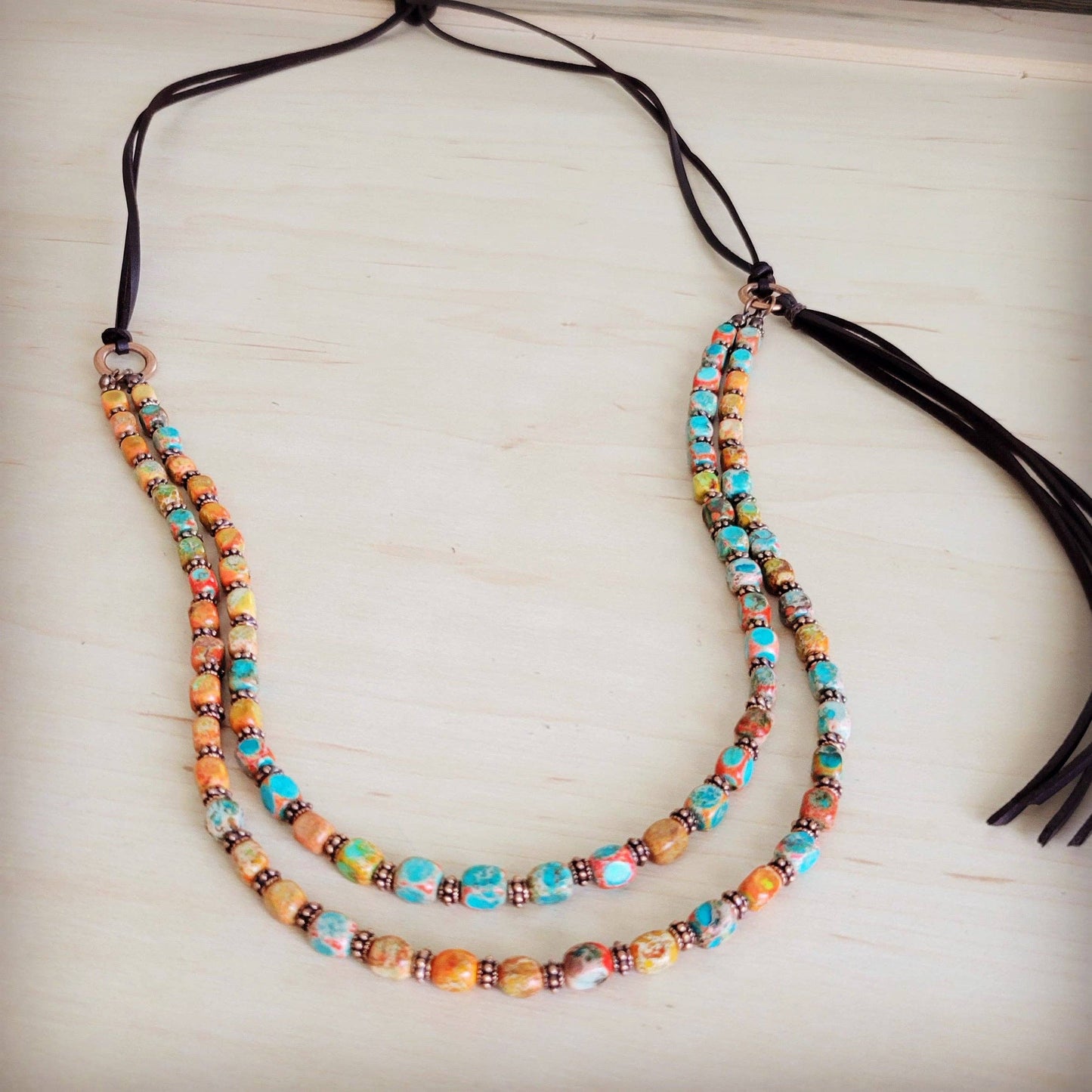 Sunrise Regalite Double Strand Beaded Tassel Necklace