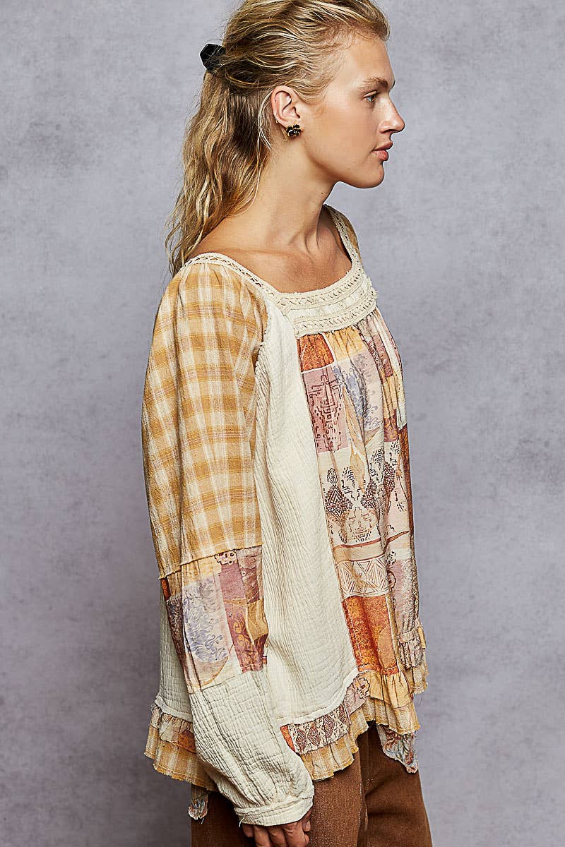 Carley Square Neck Gauze Plaid Top ~ Natural