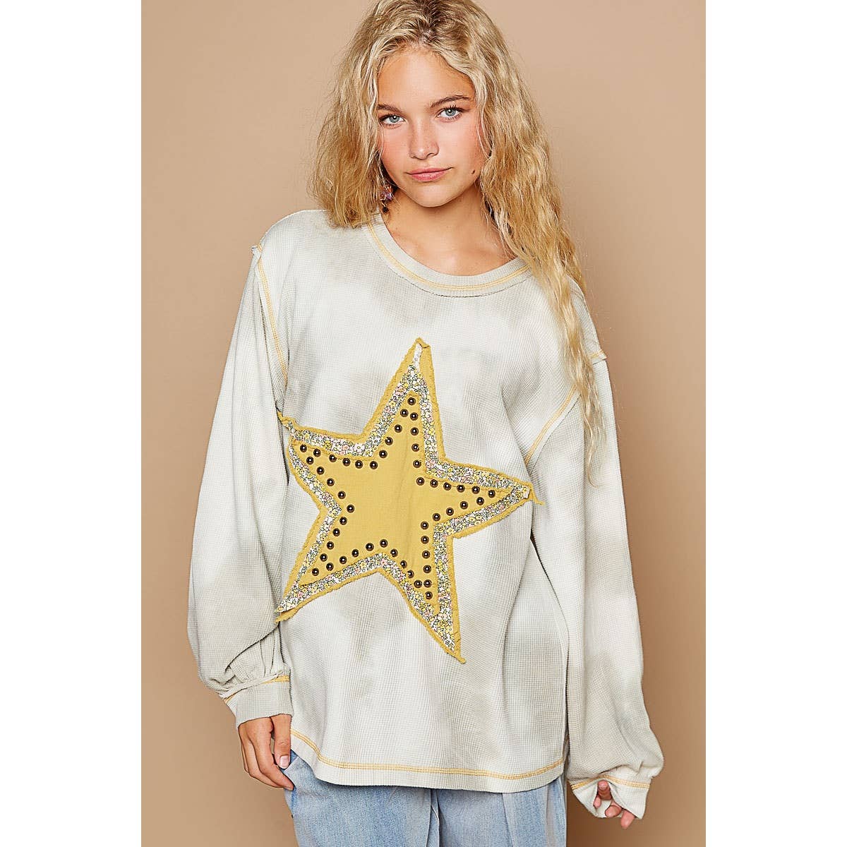 Zoey Vintage Studded Star Patch Top ~ Washed Grey