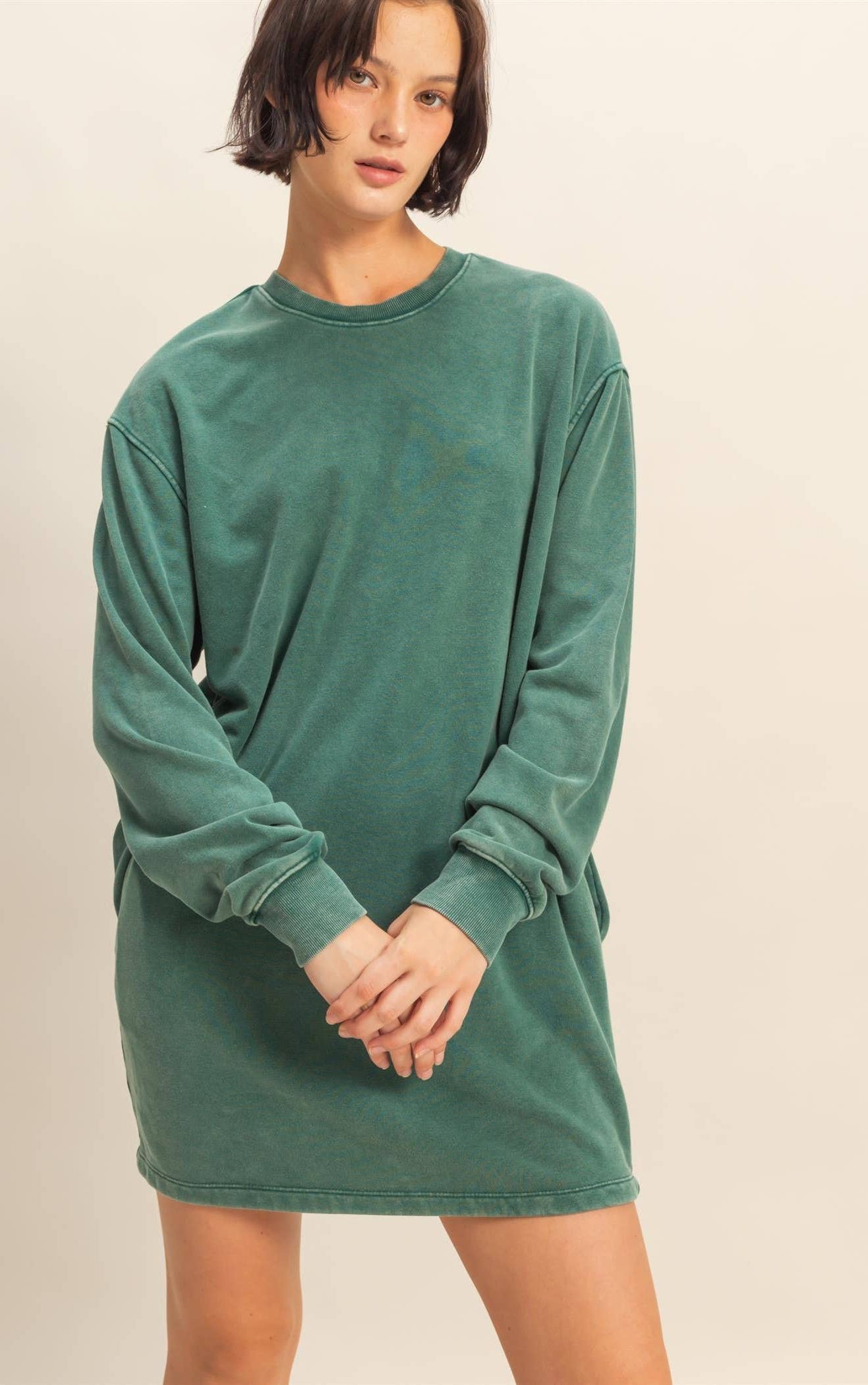 Mickie Mineral Washed Sweatshirt Dress ~ Dark Green