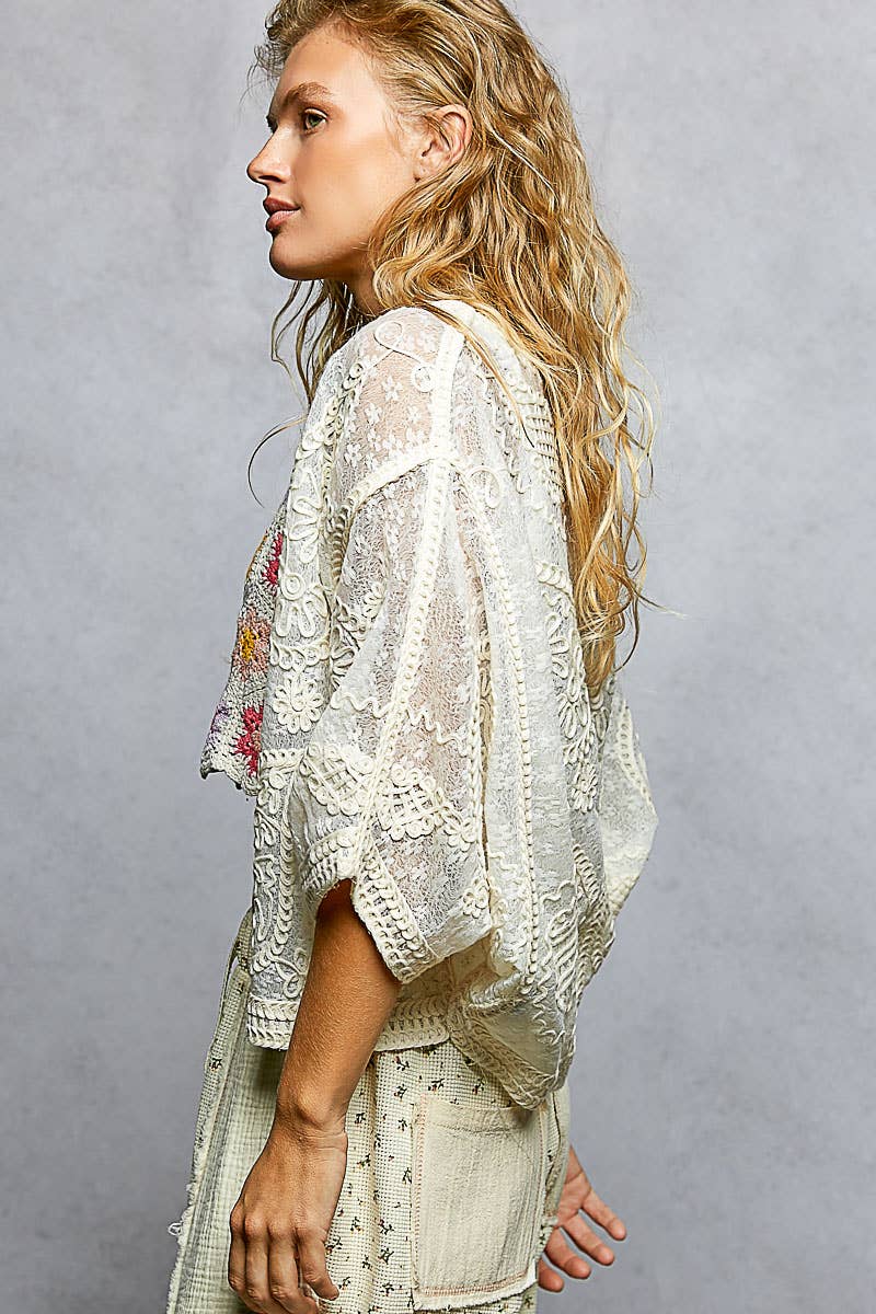 POL Floral Embroidery Crochet Cardigan ~ Natural