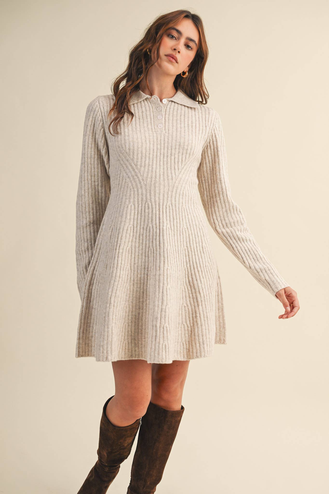 Ruby Ribbed Sweater Flared Mini Dress ~ Oatmeal