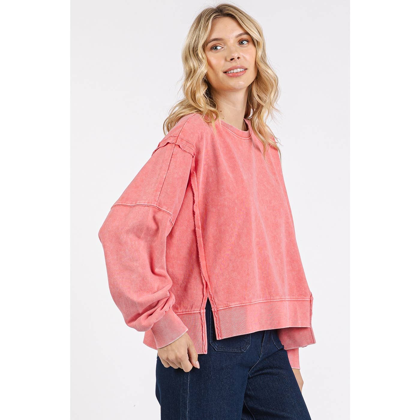 Amaya Mineral Wash Step Hem Crew Top ~ Strawberry