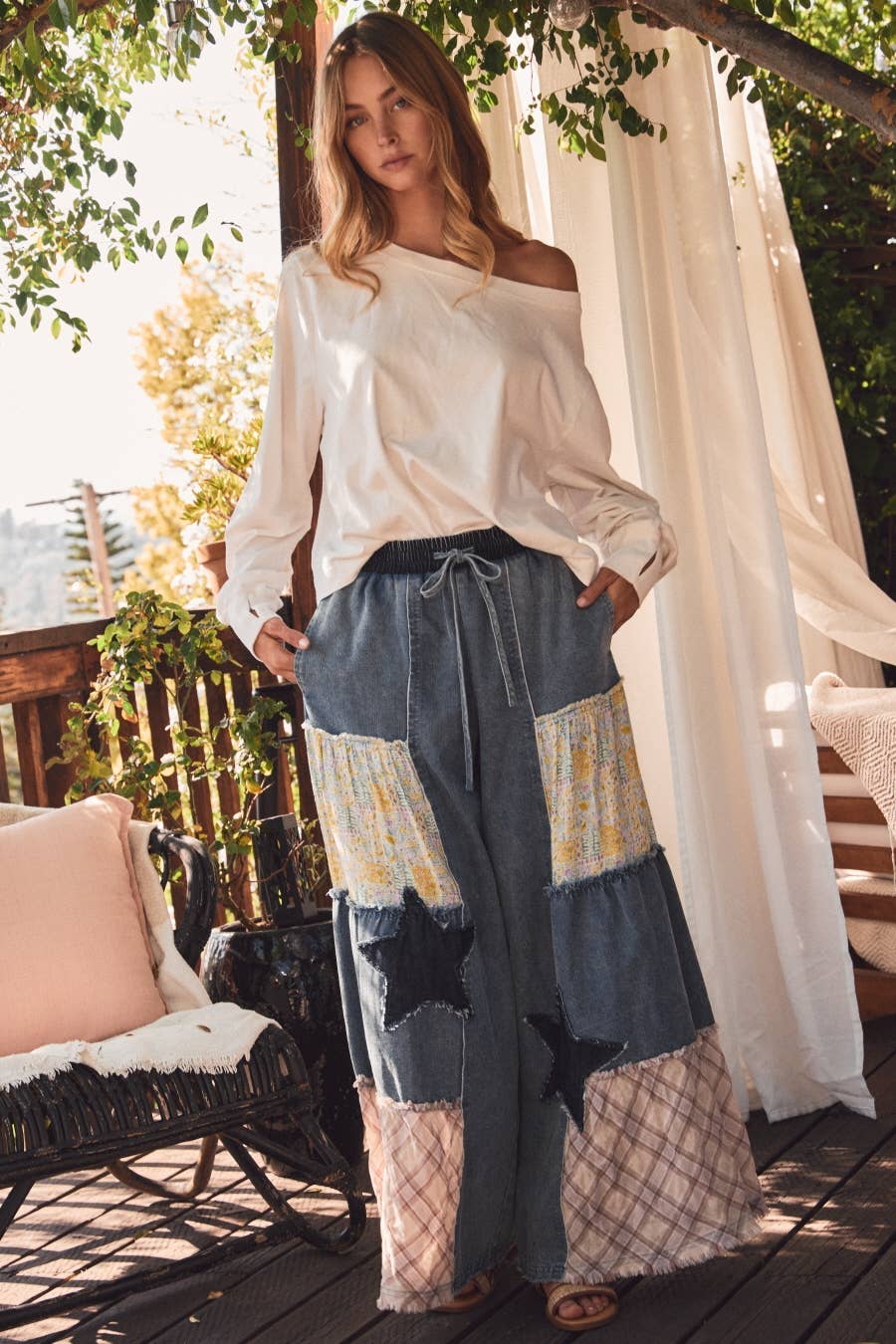 Madelyn Mixed Fabric Star Patchwork Wide Leg Pants ~ Denim