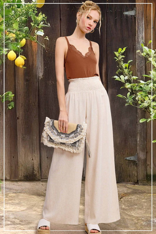 Sarah Smocked Waist High Waist Pants ~ Natural