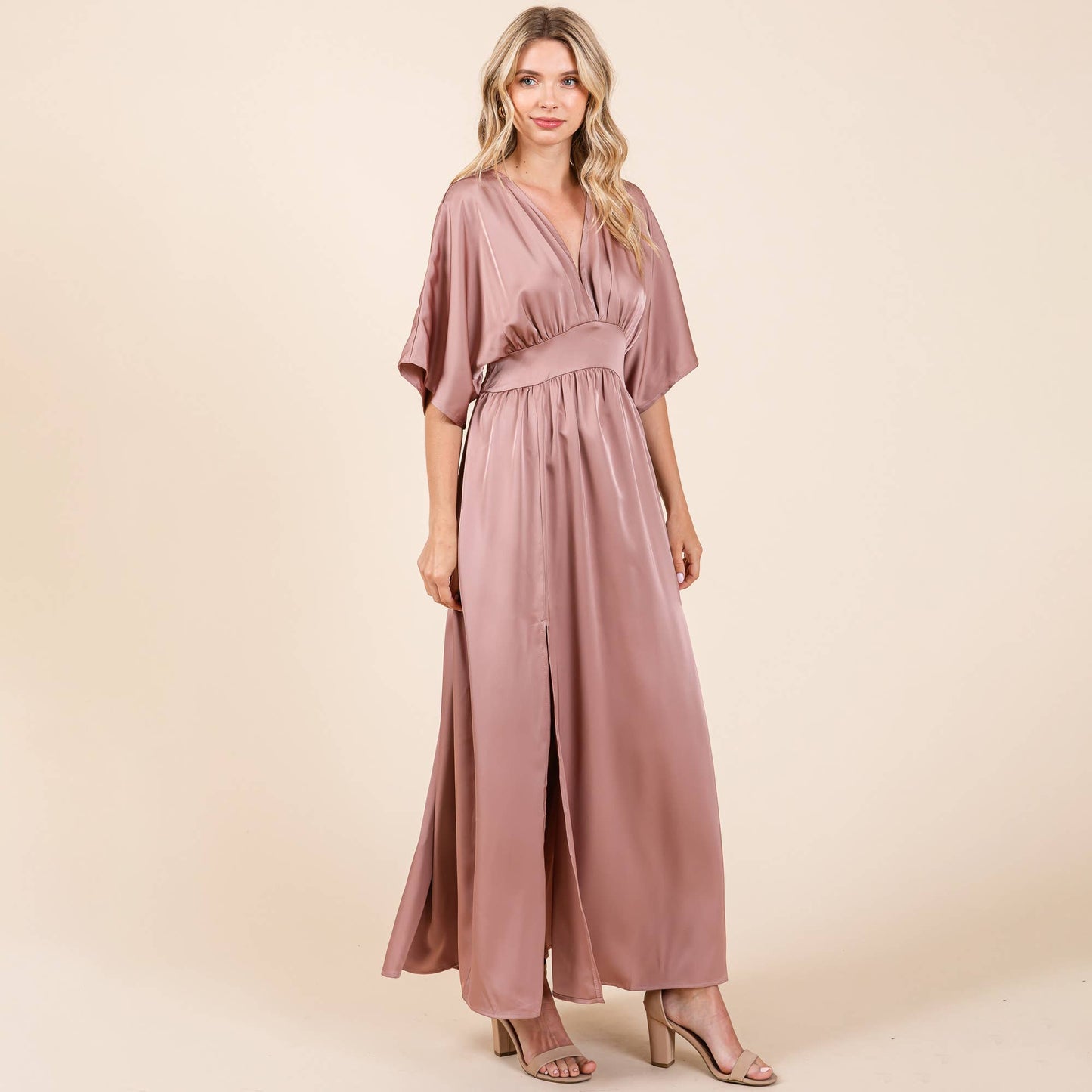 Selma Satin Kimono Maxi Dress ~ Dusty Rose