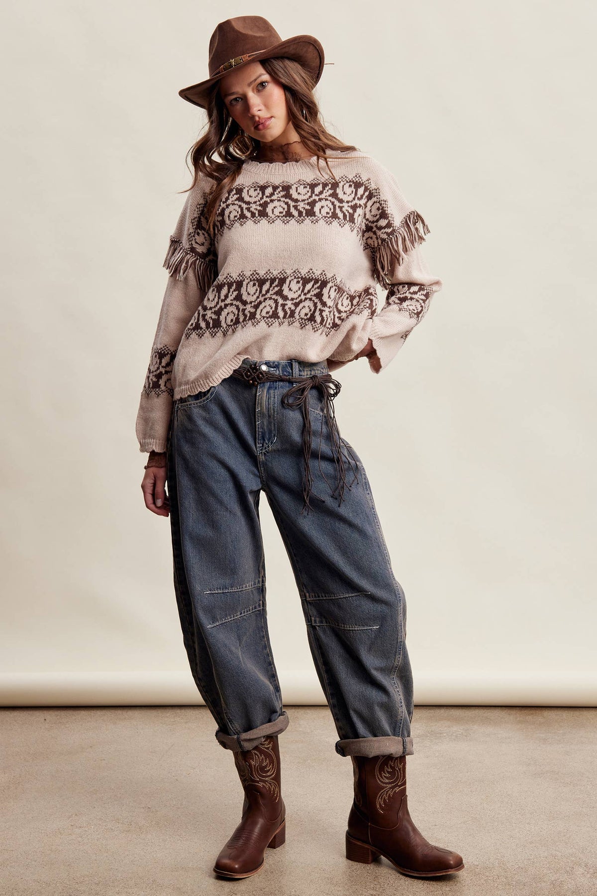 Whitney Western Fringe Pattern Knit Sweater ~ Sand Stone