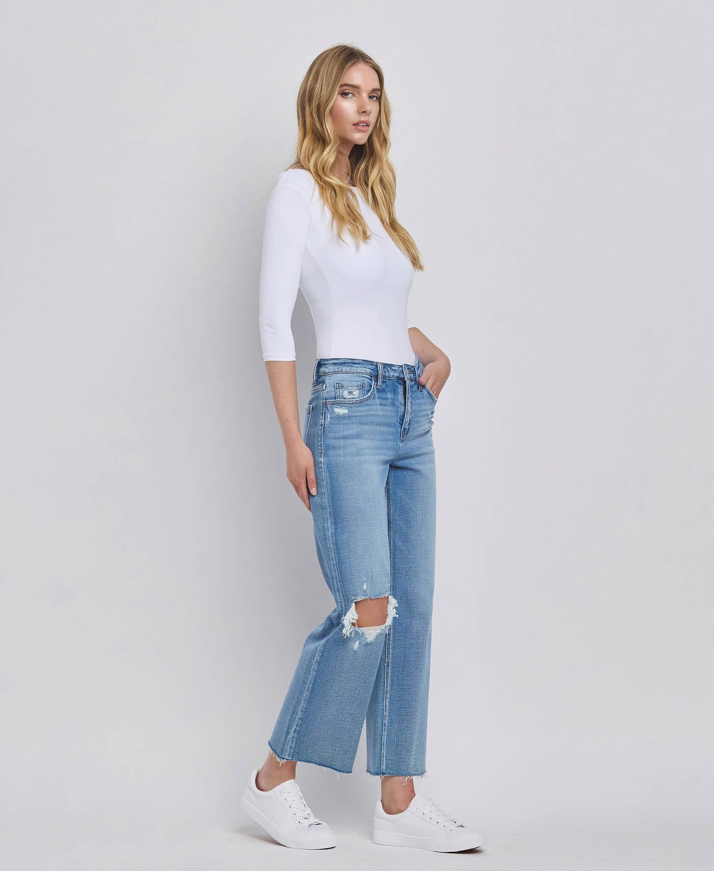 Lola High Rise Crop Slim Wide Leg Jeans ~ Light Denim
