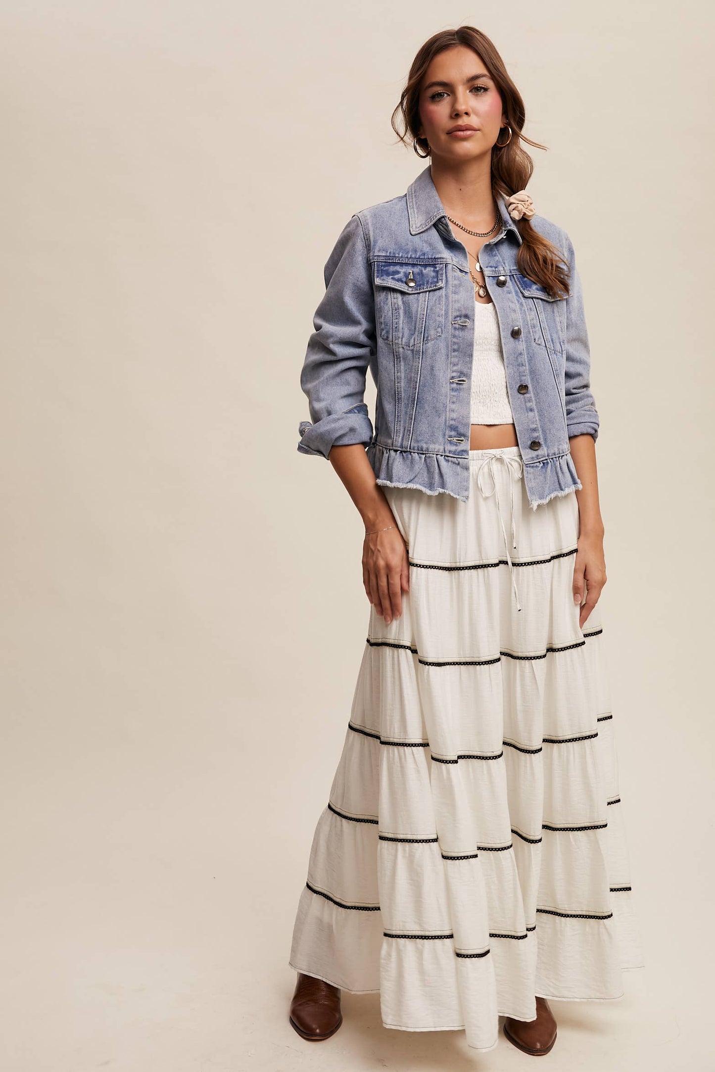 Regan Ruffled Hem Denim Jacket ~ Light Denim
