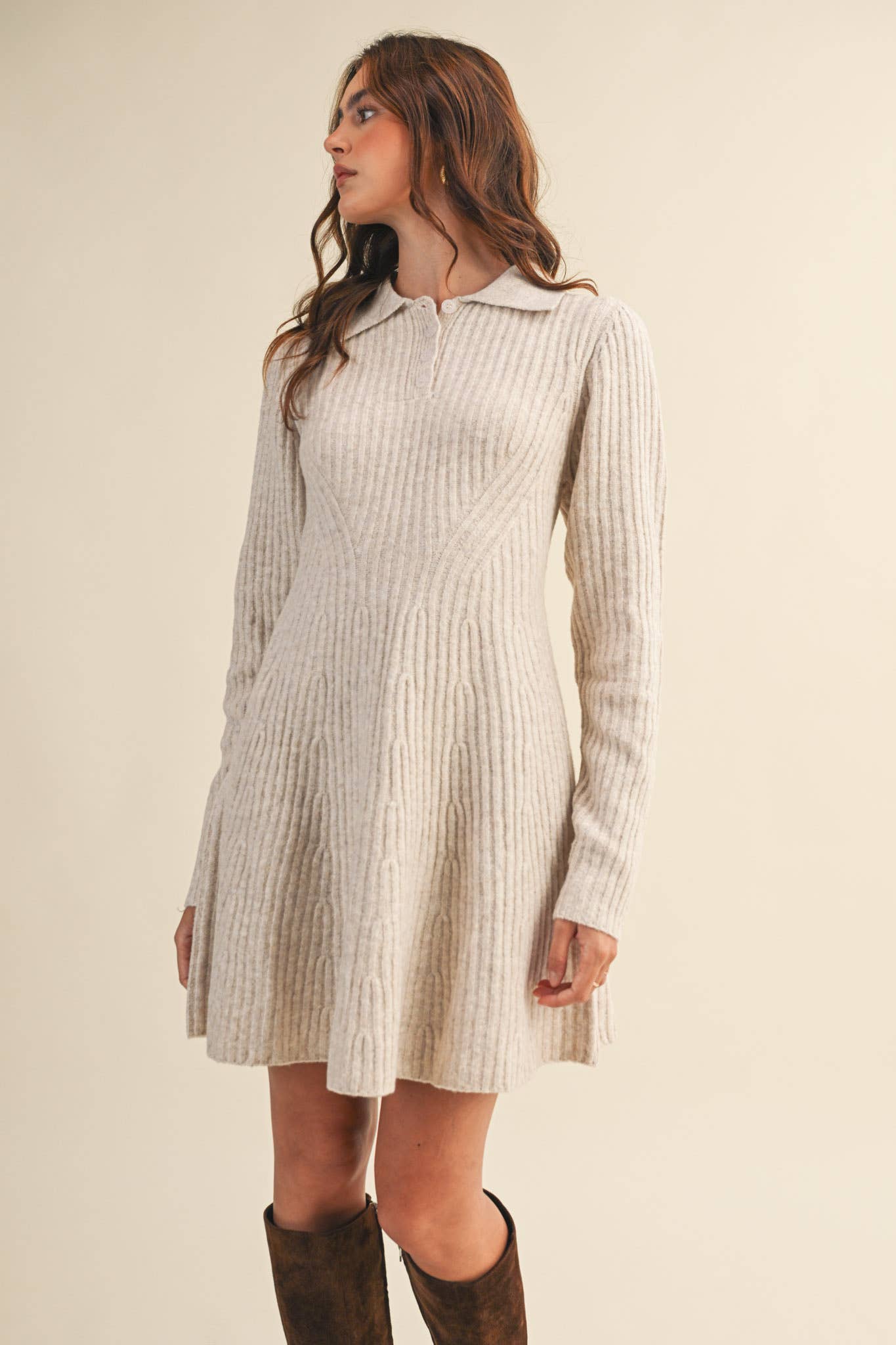 Ruby Ribbed Sweater Flared Mini Dress ~ Oatmeal