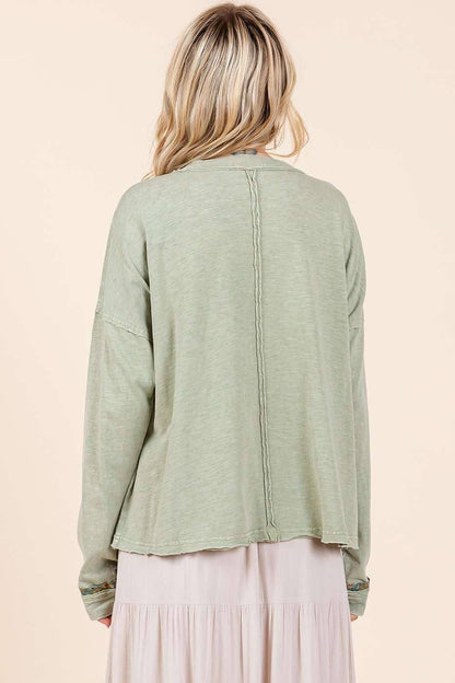 Avery Mineral Wash Star Patch Top ~ Sage