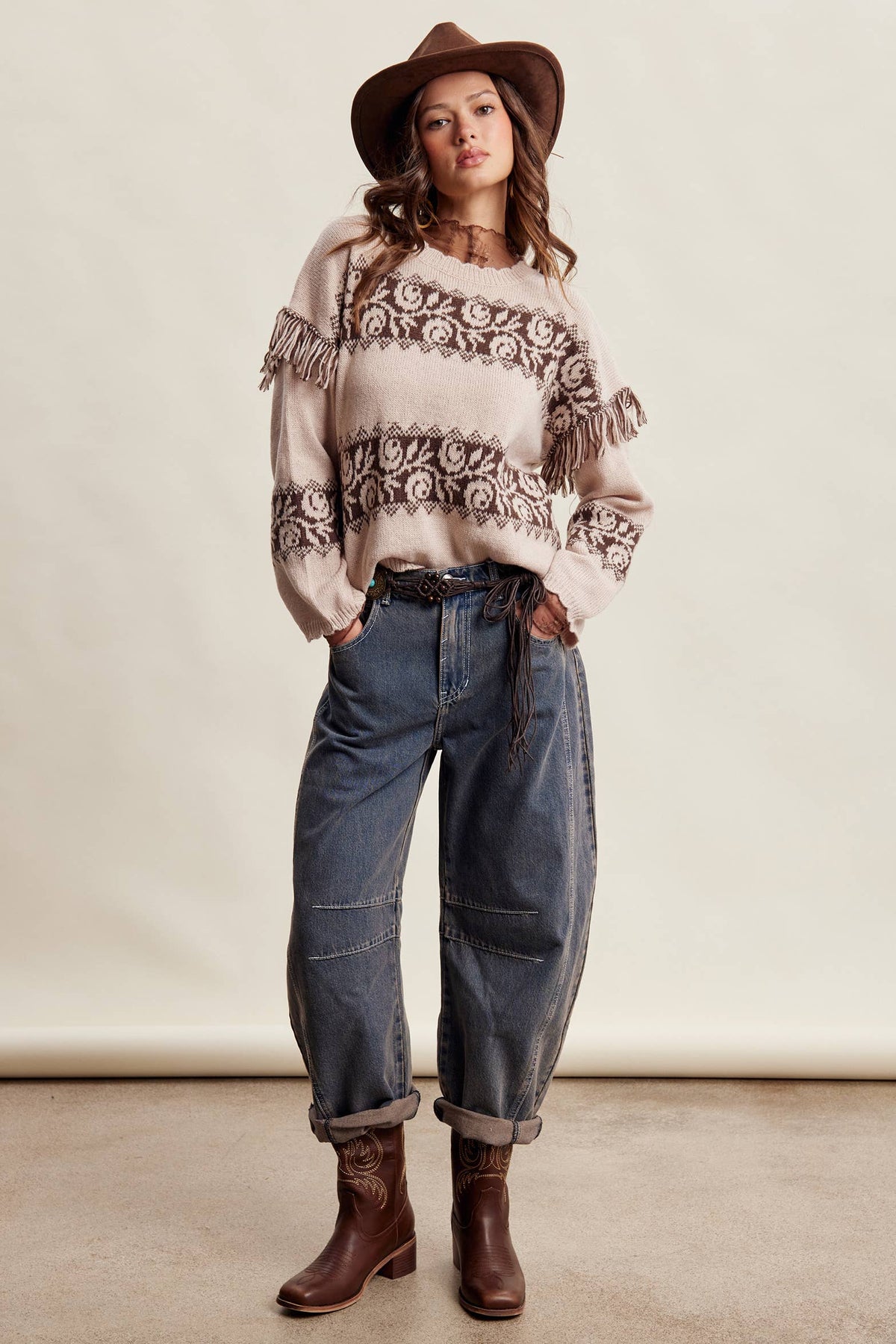 Whitney Western Fringe Pattern Knit Sweater ~ Sand Stone
