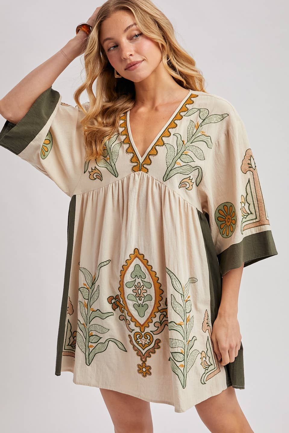 Blair Boho Embroidered V Neck Dress ~ Oatmeal