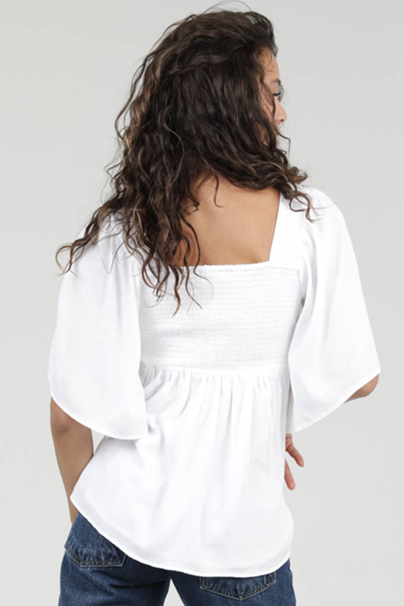 Samatha Smocked Wide Sleeve Top ~ White